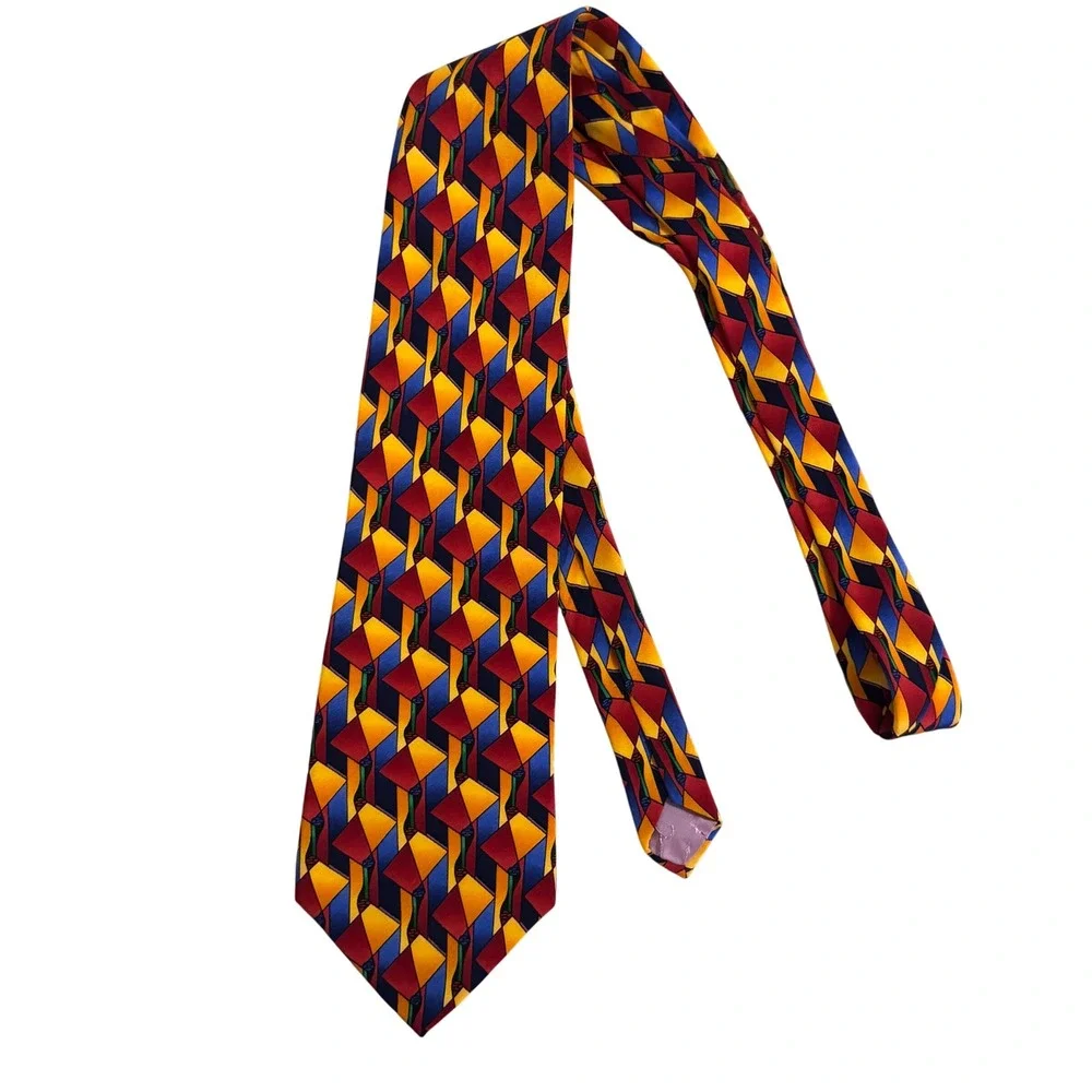 Jimmy Z Jerry Rice Collection One Silk Tie Geometric 90s Vintage Red Blue Yellow